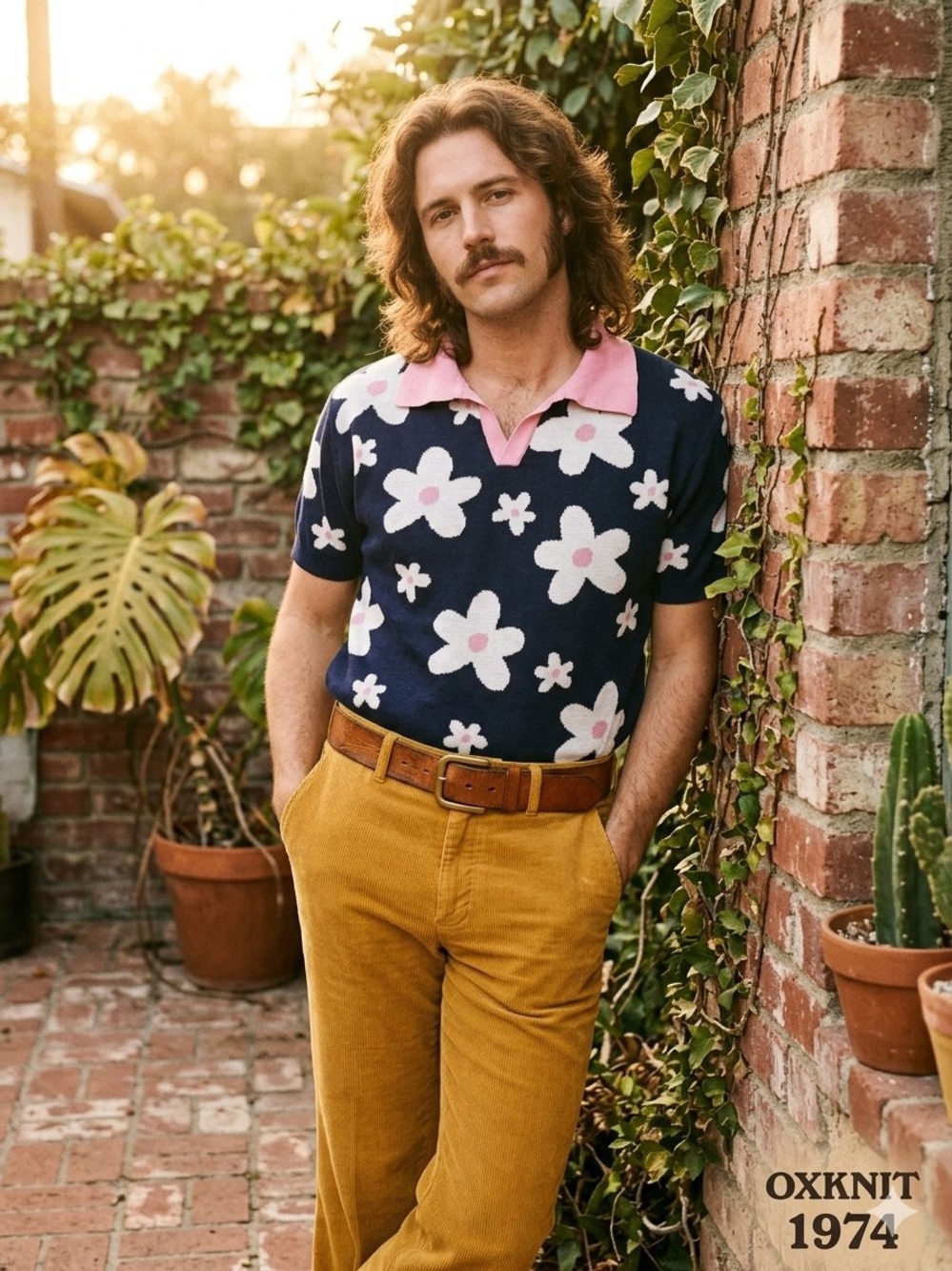 OXKNIT MEN'S 70S NAVY DAISY KNIT POLO – RETRO PINK COLLAR SIZE XL